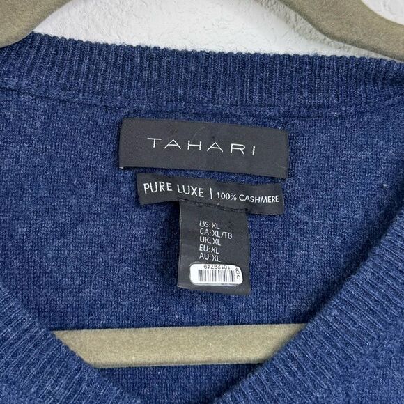 Tahari Men’s Sz XL 100% Cashmere V-Neck Sweater Pullover Navy Blue Minimalist - Picture 3 of 5